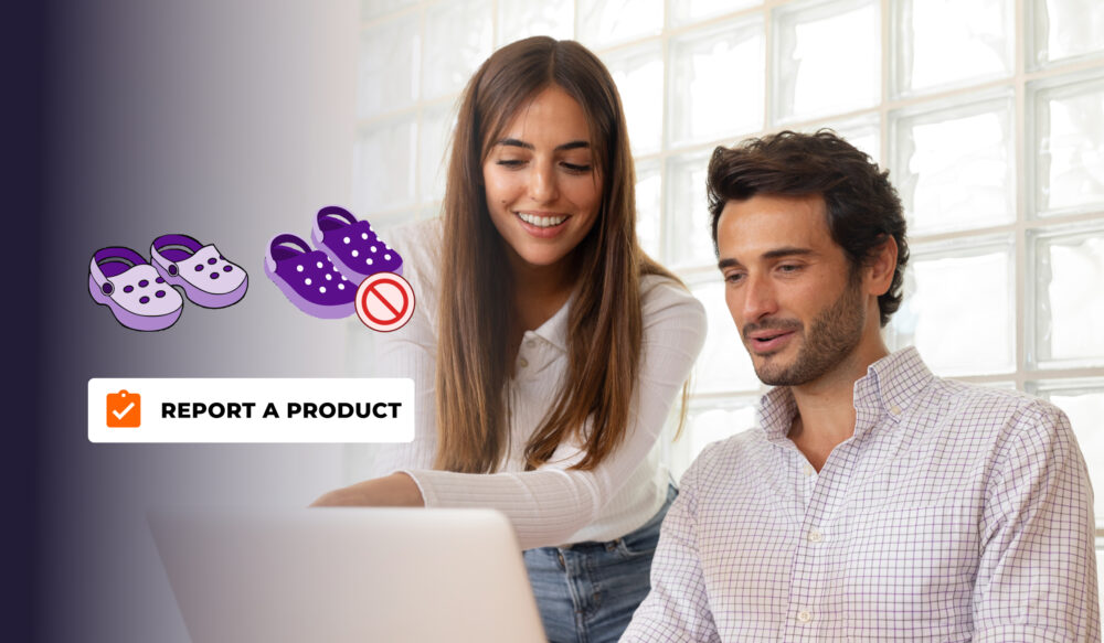 Dos personas miran un portátil; a la izquierda, ilustraciones de zuecos lilas (uno con símbolo de prohibido) y un botón que dice “Report a product”.