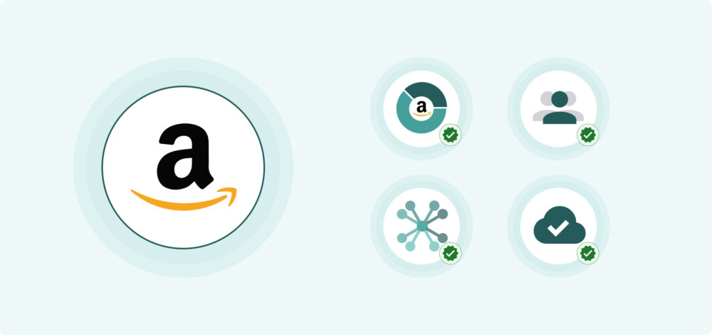 Logotipo de Amazon acompañado por cuatro iconos circulares con marca de verificación: gráfico/pie, avatar de usuario, red de nodos y nube con check.