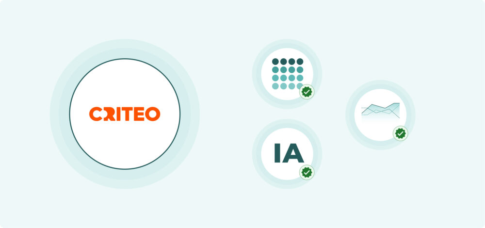 Logotipo de Criteo con tres iconos verificados: cuadrícula de puntos (datos), IA y gráfico de líneas (rendimiento).