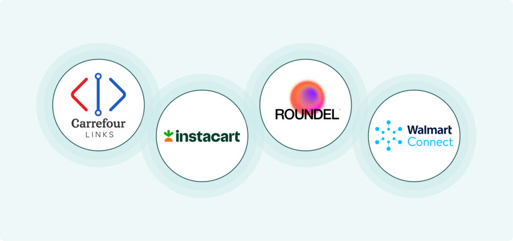 Logotipos de redes de retail media: Carrefour Links, Instacart, Roundel y Walmart Connect.