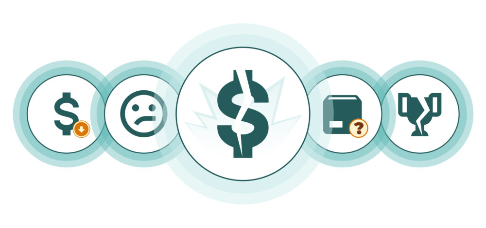 Split dollar with icons of low price, sad customer, dubious package and broken trophy; risks of the grey market and counterfeiting.