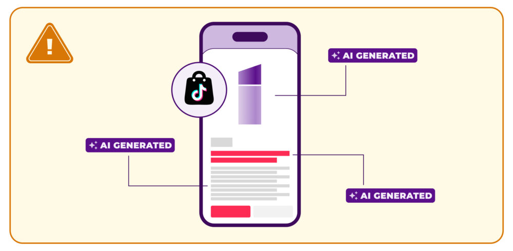Mobile phone screen with a product page and several 'AI Generated' labels pointing to the image, title and description; the TikTok Shop icon and a warning symbol are shown, alluding to how Generative Artificial Intelligence can be used in e-commerce for fraud and scams.