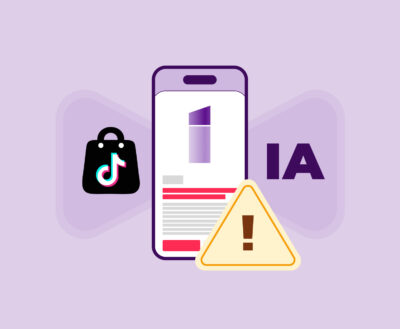 Ilustración de un smartphone con ficha de producto, icono de TikTok Shop y un triángulo de alerta junto a la sigla “IA”; representa los riesgos de la Inteligencia Artificial Generativa en el E-commerce, como Fraude y Estafa en los listados.