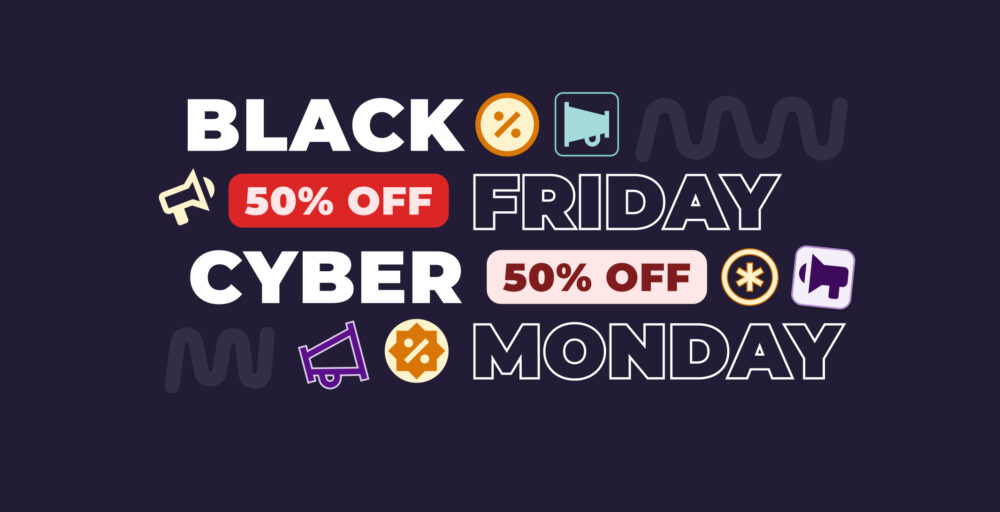 Creatividad promocional de retail media 2025 para black friday y cyber monday, con tipografía grande y etiquetas “50% OFF” sobre fondo oscuro.