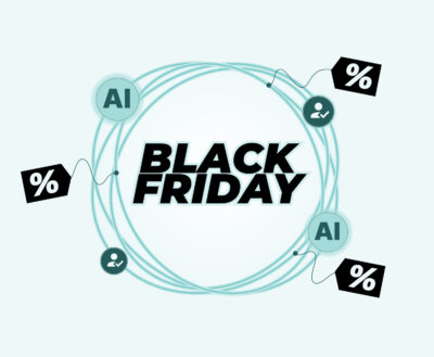 Texto “BLACK FRIDAY” rodeado de iconos de “AI” y etiquetas de porcentaje
