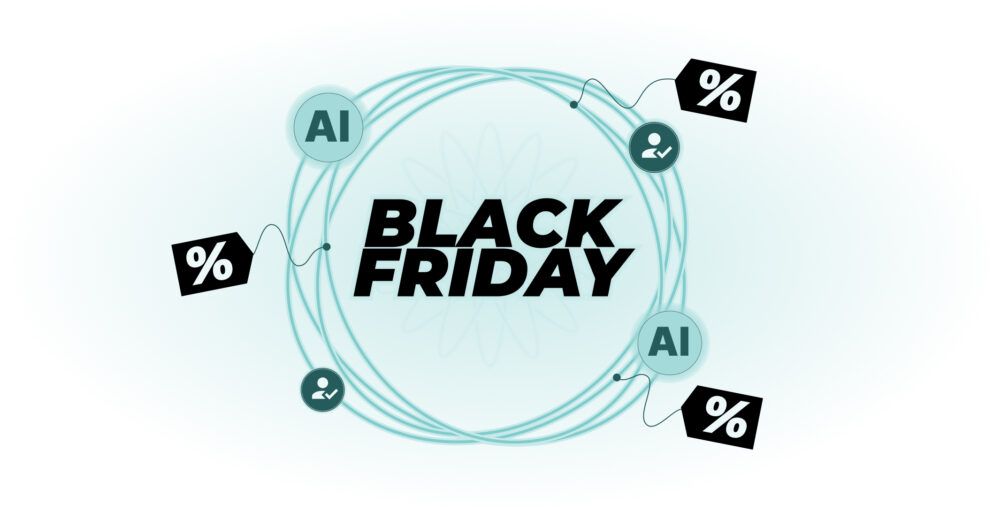 Texto “BLACK FRIDAY” rodeado de iconos de “AI” y etiquetas de porcentaje, representando cómo la ia generativa y la inteligencia artificial generativa ayudan a definir precios y promociones especiales de Black Friday.