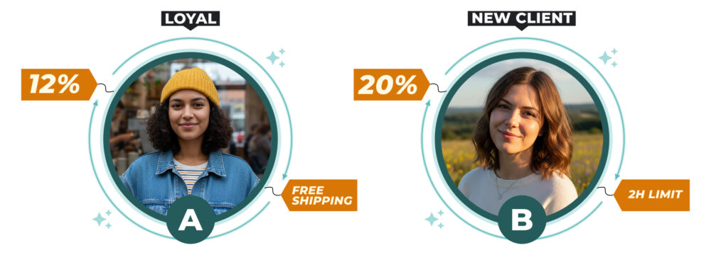 Ilustración de dos clientas tipo A y B con descuentos personalizados del 12 % y 20 %, mostrando cómo la ia generativa o inteligencia artificial generativa segmenta usuarios para ajustar precios y promociones en Black Friday.