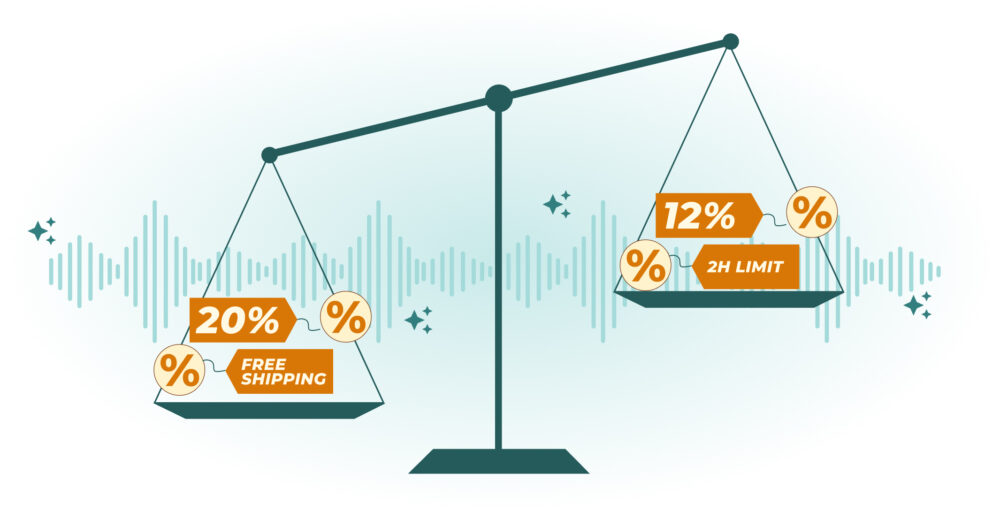 Balanza comparando un descuento del 20 % con envío gratis frente a un 12 % con límite de 2 horas, representando cómo la ia generativa y la inteligencia artificial generativa optimizan estrategias de precios y promociones durante Black Friday.