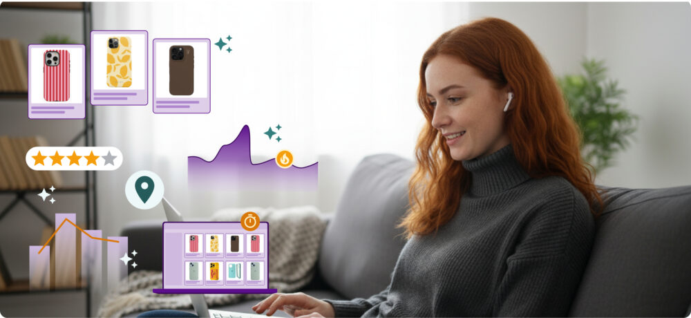 Compradora online en el sofá viendo fundas de móvil, valoraciones y gráficas de demanda, ilustrando cómo la ia generativa y la inteligencia artificial generativa analizan datos para ajustar precios y promociones en Black Friday.