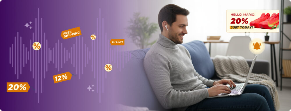 Comprador usando portátil al que le aparece un banner con un 20 % de descuento en zapatillas.