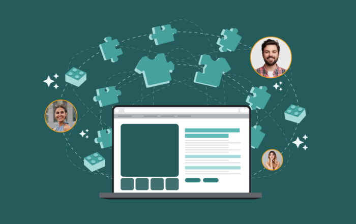 Ilustración de un portátil con una página de producto y, alrededor, fotos de distintos clientes conectadas por piezas de rompecabezas y camisetas, simbolizando cómo la ia generativa permite personalización masiva de contenidos y ofertas en el Digital shelf.