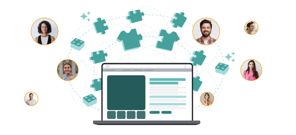 Ilustración de un portátil con una página de producto y, alrededor, fotos de distintos clientes conectadas por piezas de rompecabezas y camisetas, simbolizando cómo la ia generativa permite personalización masiva de contenidos y ofertas en el Digital shelf.