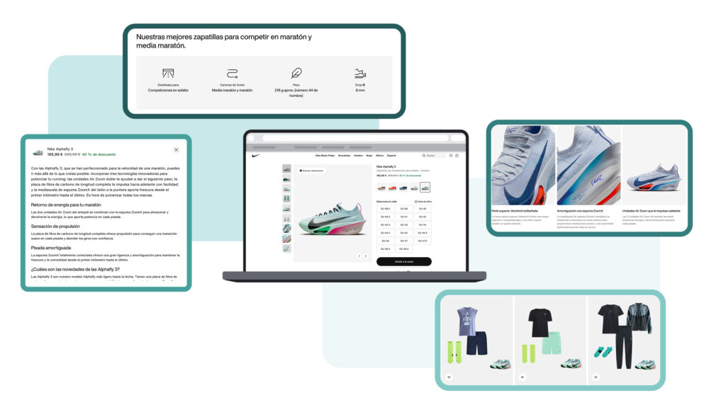 Composición de pantallas de ecommerce con una zapatilla deportiva: ficha de producto, beneficios detallados y conjuntos recomendados, mostrando cómo la ia generativa crea contenido y recomendaciones para lograr personalización masiva en el Digital shelf de una tienda online.