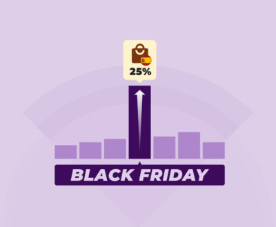 gráfico de barras moradas donde la barra central es muy alta y tiene una flecha ascendente que apunta a un icono de bolsa de compra con la bandera de España y el texto “25%”; debajo aparece el rótulo “BLACK FRIDAY” en grande.