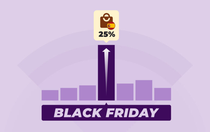 gráfico de barras moradas donde la barra central es muy alta y tiene una flecha ascendente que apunta a un icono de bolsa de compra con la bandera de España y el texto “25%”; debajo aparece el rótulo “BLACK FRIDAY” en grande.