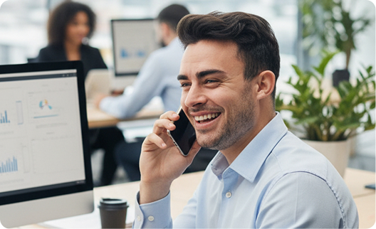 A happy man in a blue shirt talking on a mobile phone while sitting at a desk in a modern, busy office with computer screens displaying data and other colleagues working in the background.
