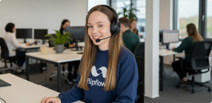 Frame 2610727 A young woman with long brown hair, wearing a dark blue sweatshirt with the white "flipflow" logo, smiles directly at the camera while sitting at a desk in a bright, modern open-plan office. She is wearing a black over-the-ear headset with a microphone boom. In the blurred background, several other colleagues are visible working at their computers.