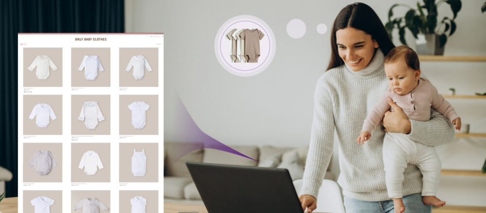 Young woman holding her baby whilst shopping for baby clothes online on a laptop; on the left, the webpage is visible with several white bodysuits and, above it, an illustrated balloon with a pack of bodysuits highlighting a recommended product.