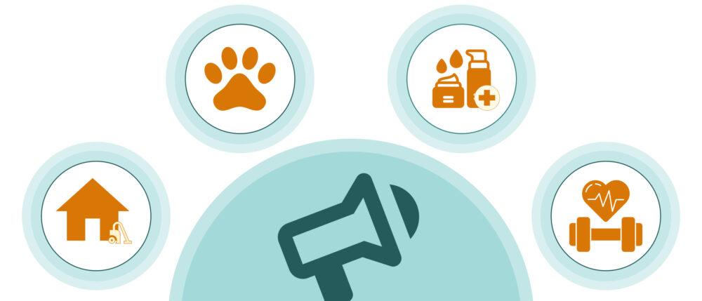 Illustration with a megaphone in the centre surrounded by circular icons of four advertised categories: home and cleaning, pets, beauty and personal care, and health and fitness.