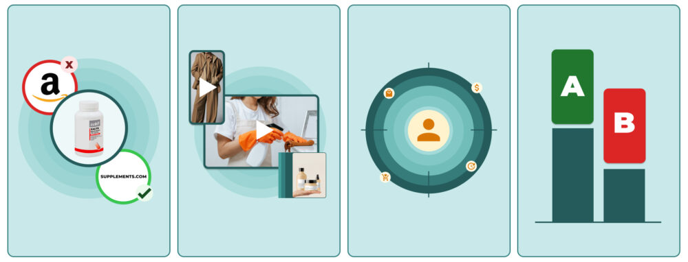 Four-panel infographic on Retail Media strategies in niche markets: 1) a supplement jar next to a crossed-out Amazon logo and a supplements.com logo marked as the correct option; 2) video and photo creatives for cleaning and cosmetic products; 3) a target with a person icon surrounded by symbols of purchase, money, idea and time, representing audience segmentation; 4) A/B bar chart where green option A beats red option B.