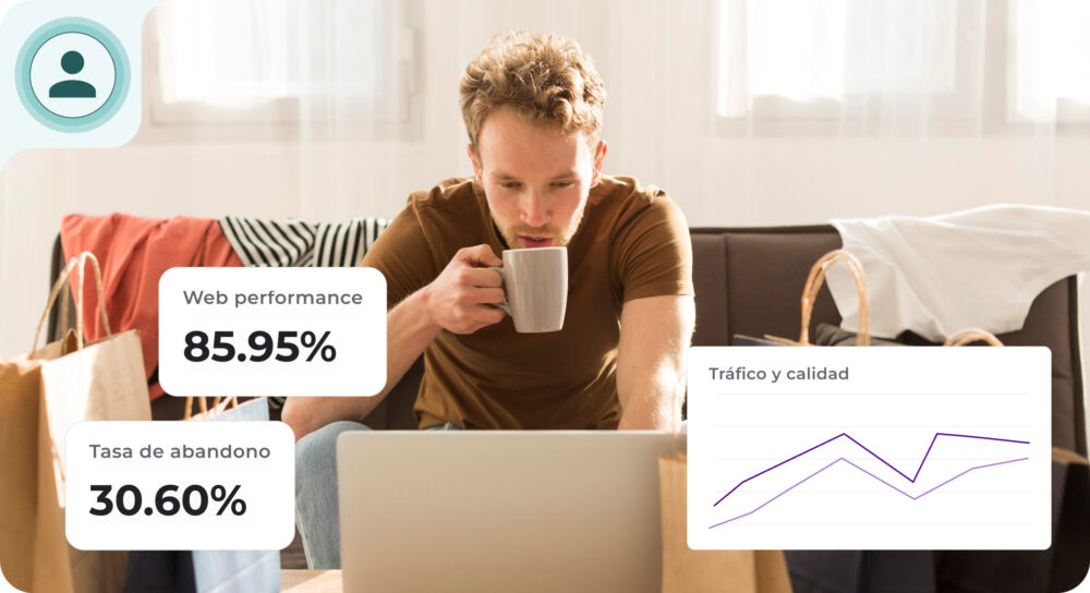 Persona sentada en un sofá frente a un portátil y bebiendo de una taza, rodeada de bolsas de compra, con tarjetas de métricas superpuestas que muestran “Web performance 85.95%”, “Tasa de abandono 30.60%” y un gráfico de líneas de “Tráfico y calidad”.
