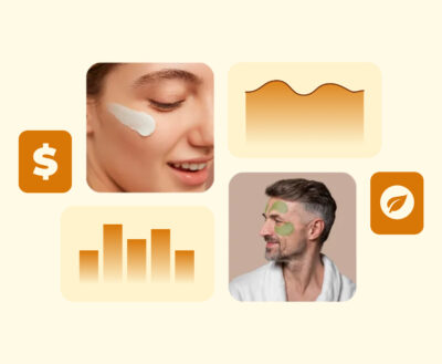 Graphic collage of a woman with face cream, a man with green eye patches, and icons of a dollar sign, bar chart, skin texture and leaf, representing how European Cosmetics performance, pricing and sustainability are tracked on the Digital Shelf.