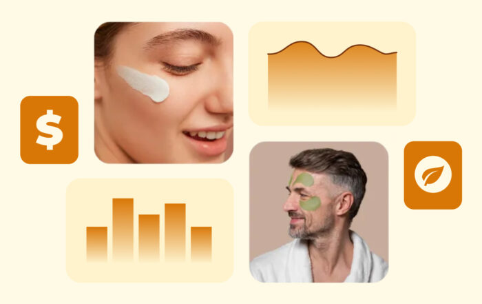 Graphic collage of a woman with face cream, a man with green eye patches, and icons of a dollar sign, bar chart, skin texture and leaf, representing how European Cosmetics performance, pricing and sustainability are tracked on the Digital Shelf.