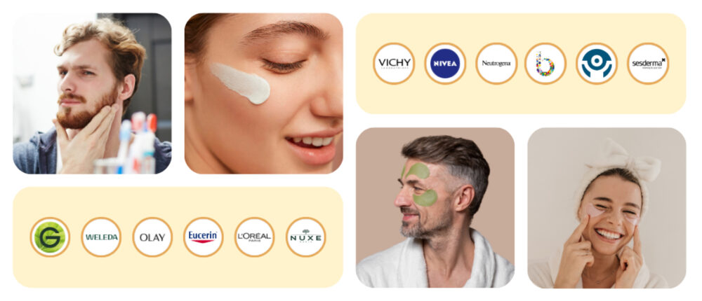 Colagem de homens e mulheres aplicando cremes para a pele e adesivos para os olhos ao lado de logotipos de marcas como Vichy, Nivea, Neutrogena, Weleda, Olay, Eucerin, L’Oréal e Nuxe, ilustrando marcas de beleza europeias competindo no Digital Shelf.