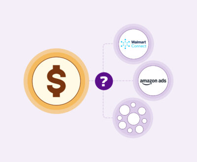 Diagrama de retail media: un símbolo de dólar conectado a opciones de Retail Media Networks, comparando Walmart Connect, Amazon Ads y redes emergentes con un icono de duda central.