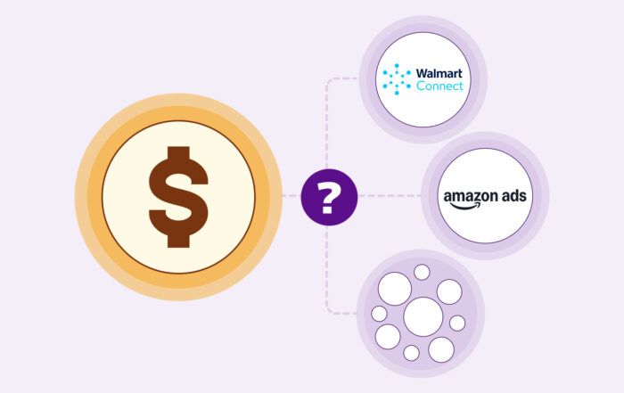 Diagrama con un símbolo de dólar conectado a opciones de Retail Media Networks, comparando Walmart Connect, Amazon Ads y redes emergentes con un icono de duda central.