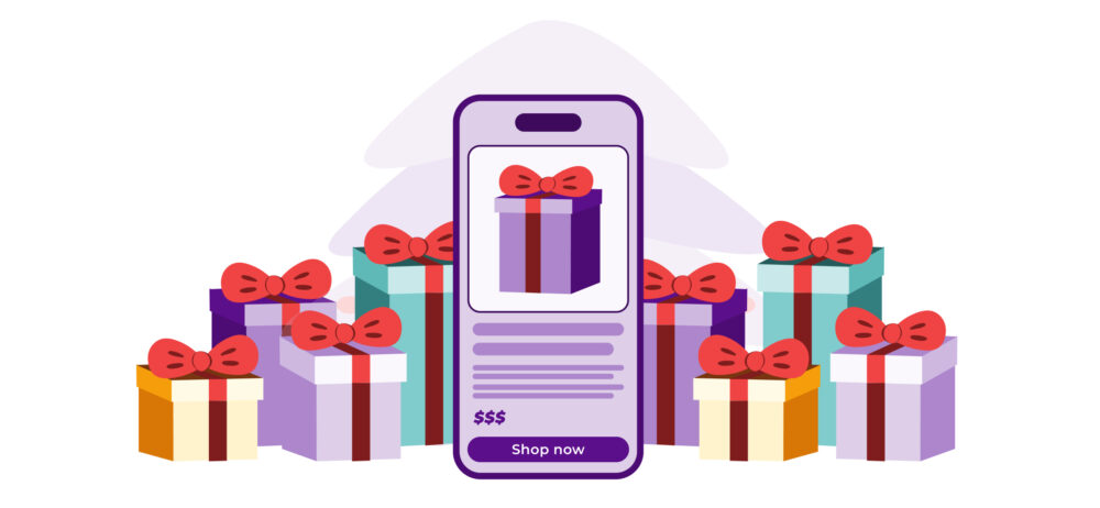 Ilustración de un smartphone con botón “Shop now” rodeado de regalos con lazos rojos, representando compras navideñas desde el móvil.