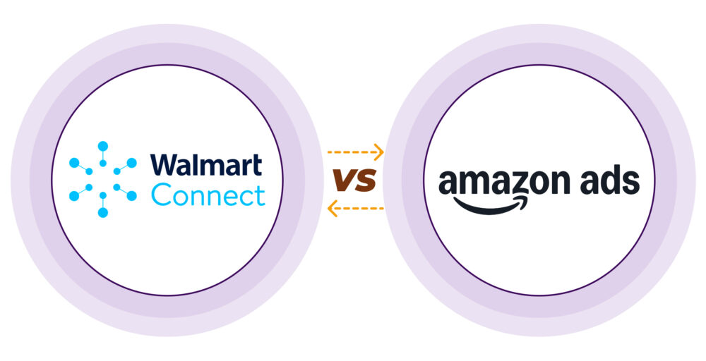 Comparativa de retail media entre Retail Media Networks: logotipos de Walmart Connect vs Amazon Ads en círculos enfrentados con flechas de “vs”