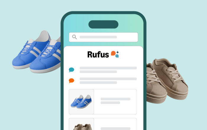 Ilustración de un móvil con la interfaz de Rufus (Agente de IA) mostrando recomendaciones de zapatillas; se ven dos pares de zapatos a ambos lados, ejemplo de agentic commerce en Amazon.