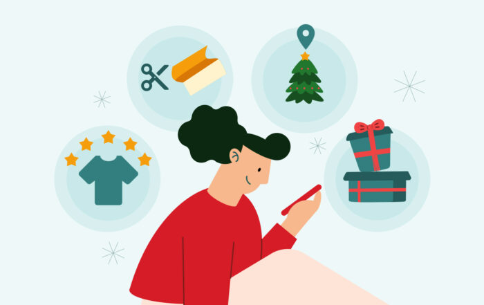 Ilustración de una persona creando un micro-momento, con iconos de árbol de navidad, regalos y valoración de producto alrededor.
