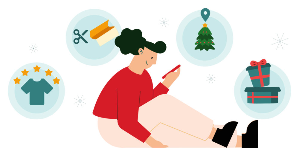  Ilustración de una persona comprando desde el móvil en un micro-momento, con iconos de árbol de navidad, regalos y valoración de producto alrededor.