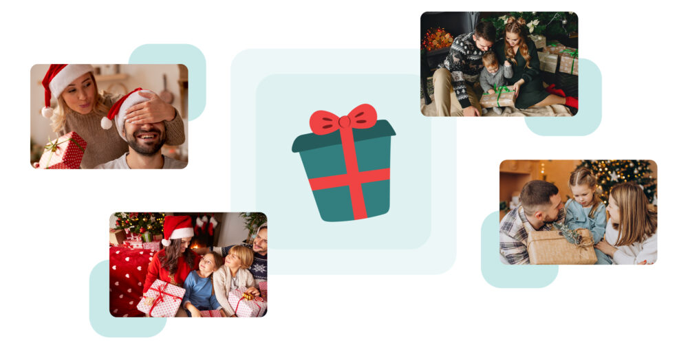 Collage de fotos familiares abriendo regalos y un icono de paquete en el centro, ejemplo de storytelling de navidad para inspirar compras.