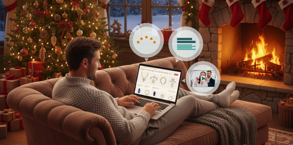 Persona en el sofá con portátil frente a la chimenea y el árbol de navidad, navegando una pagina de producto con iconos de reseñas, texto y vídeo en la ficha de producto.
