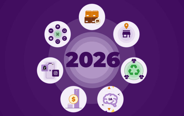 Infografía “2026” con iconos de tendencias de retail (IA, sostenibilidad, retail media, social commerce, logística y tiendas); predicciones retail 2026.