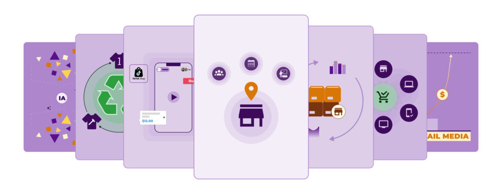 Ícone de loja com pin de localização e símbolos de comunidade e eventos, ilustrando experiência em loja física e marketing local no varejo.