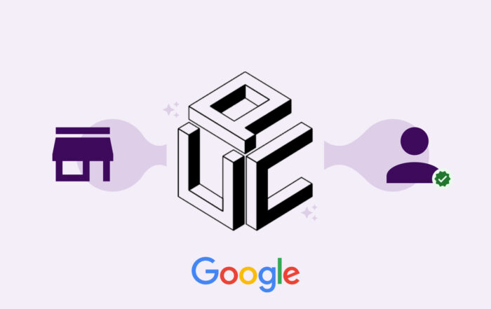 Ilustración con el logotipo UCP en el centro, conectando un icono de tienda y un icono de usuario verificado; representa Universal Commerce Protocol y Agentic commerce impulsado por inteligencia artificial.