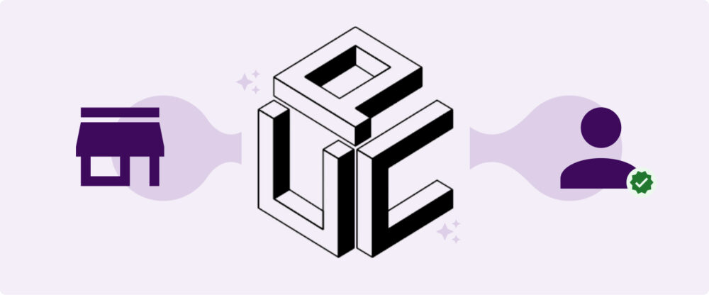 Illustration with the UCP logo in the centre, connecting a shop icon and a verified user icon; represents Universal Commerce Protocol and AI-powered Agentic commerce.