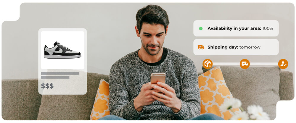 Ejemplo de un ecosistema de señales aplicado a la experiencia de cliente, mostrando disponibilidad local y tiempos de entrega en tiempo real según el comportamiento de búsqueda.