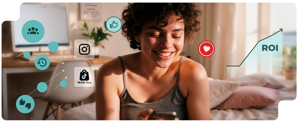 Usuario interactuando con redes sociales y TikTok Shop, permitiendo a las marcas de retail captar comportamientos y activar señales que aumentan el ROI.