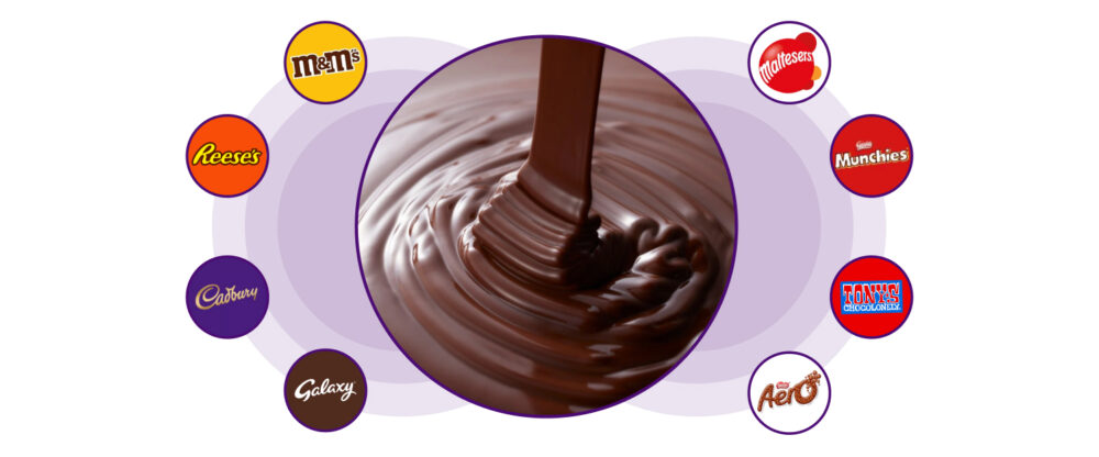 Chocolate derretido cayendo y formando ondas en un círculo central, rodeado por los logos de M&M’s, Reese’s, Cadbury, Galaxy, Maltesers, Aero, Munchies y Tony’s Chocolonely.