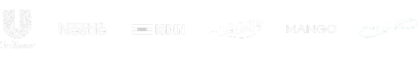 A horizontal row of company logos for current clients, including Unilever, Nestlé, ISDIN, Danone, Mango, and Empresas Polar, displayed in a monochromatic white style.