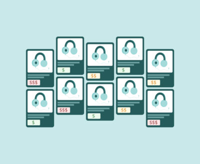 Ilustración de múltiples tarjetas de producto con auriculares y distintos precios.