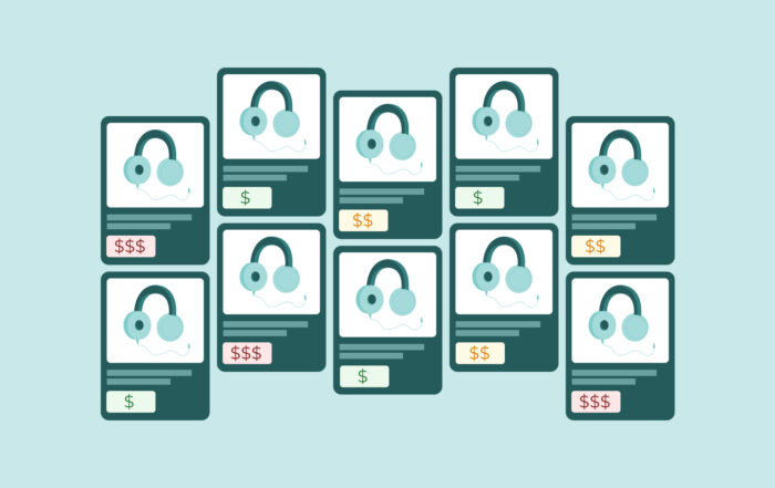 Ilustración de múltiples tarjetas de producto con auriculares y distintos precios.