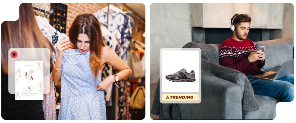 Sinais de contexto: compras na loja e navegação em casa; cartão de convite e produto “tendência” sobrepostos.