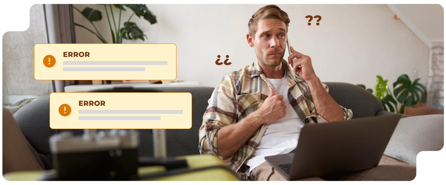 Person with laptop and phone receiving “ERROR” alerts, illustrating failures in the signal ecosystem during a digital interaction.
