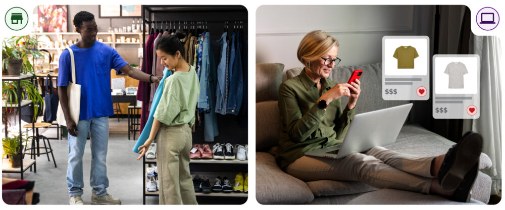 Cena dividida de compras na loja e online com favoritos; sinais de intenção divididos entre físico e digital.